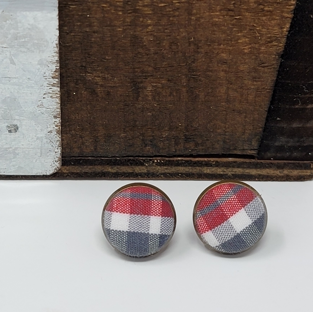 New Handmade | Upcycled Plaid Button Stud Earrings